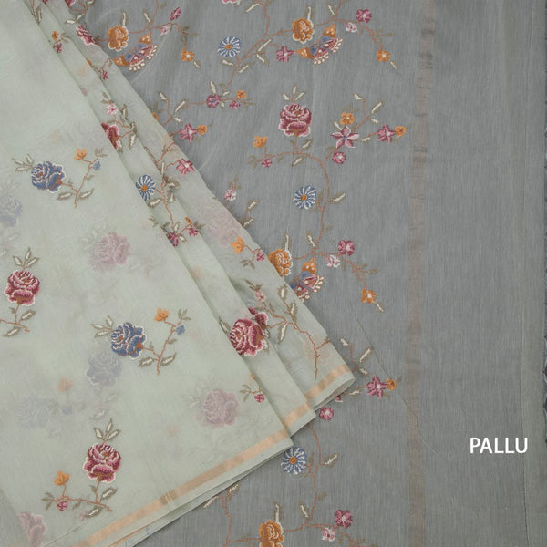 Linen Mint Green Floral Thread Work Saree