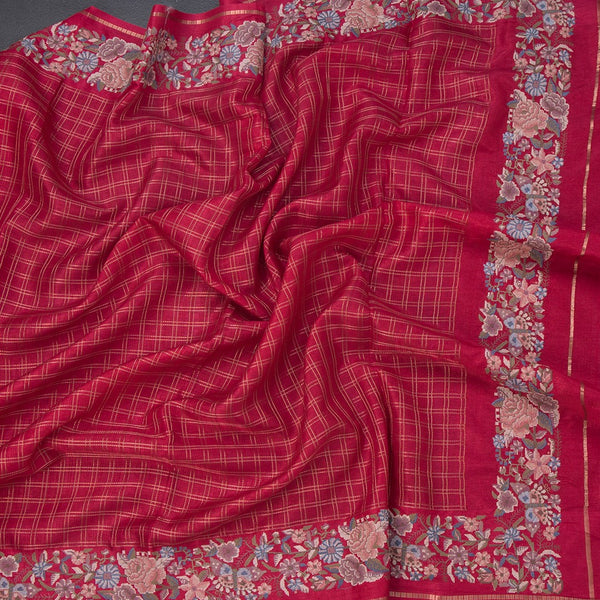 Semi Raw Silk Ruby Red Zari Checked Saree And Thread Border