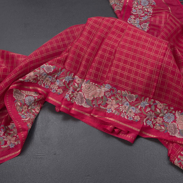 Semi Raw Silk Ruby Red Zari Checked Saree And Thread Border