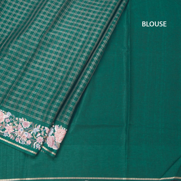 Raw Silk Bottle Green Zari Checked Saree And Thread Border