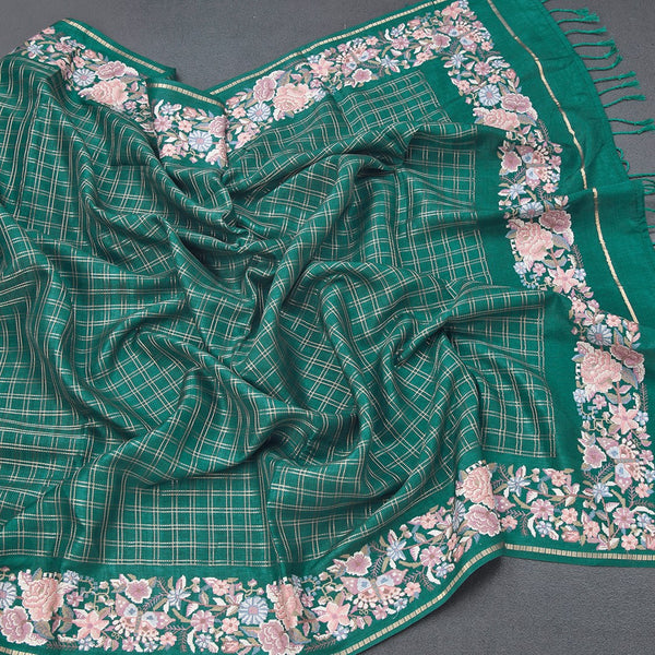 Raw Silk Bottle Green Zari Checked Saree And Thread Border