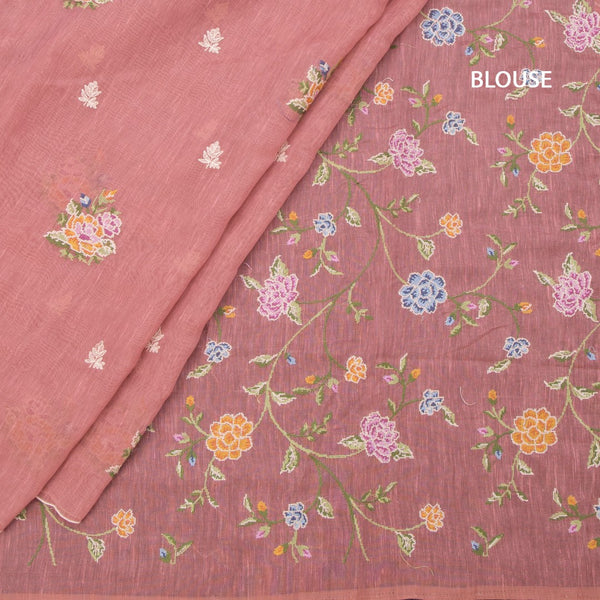 Linen Peach Floral Thread Work Borderless Saree