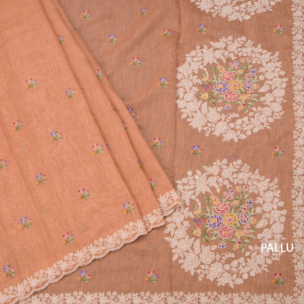 Linen Light Orange Floral Thread Buttas And Thread Border