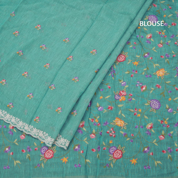 Linen Sapphire Green Floral Thread Buttas And Thread Border