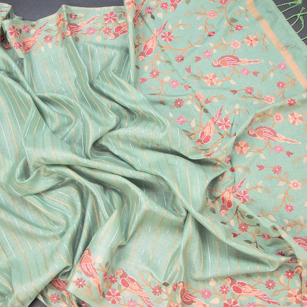 Raw Silk Pista Green Saree With Zari Stripes And Thread Border