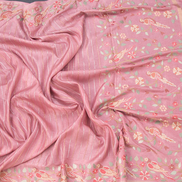 Raw Silk Baby Pink Saree With Zari Stripes And Thread Border