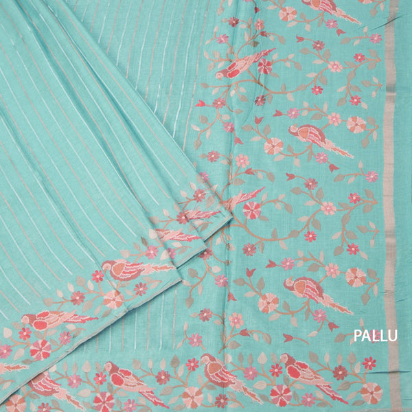 Raw Silk Sky Blue Saree With Zari Stripes And Thread Border