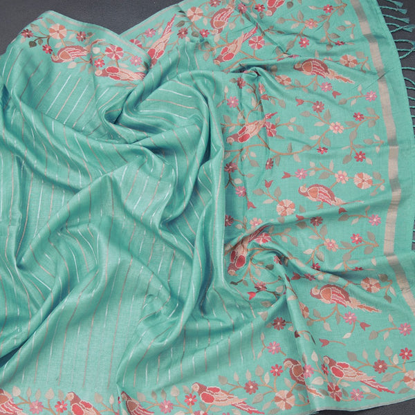 Raw Silk Sky Blue Saree With Zari Stripes And Thread Border
