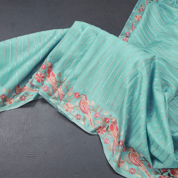 Raw Silk Sky Blue Saree With Zari Stripes And Thread Border