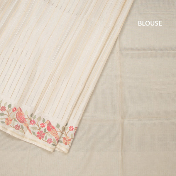 Raw Silk Cream Saree With Zari Stripes And Thread Border