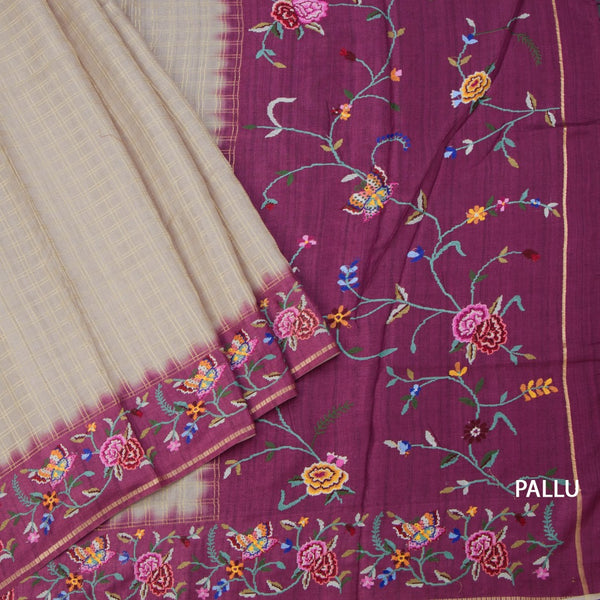 Raw Silk Grey Zari Checked Saree And Thread Border