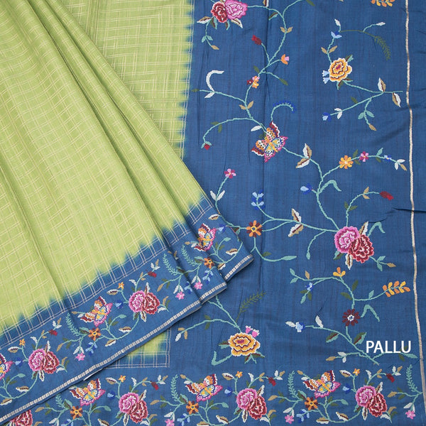Raw Silk Parrot Green Zari Checked Saree And Thread Border