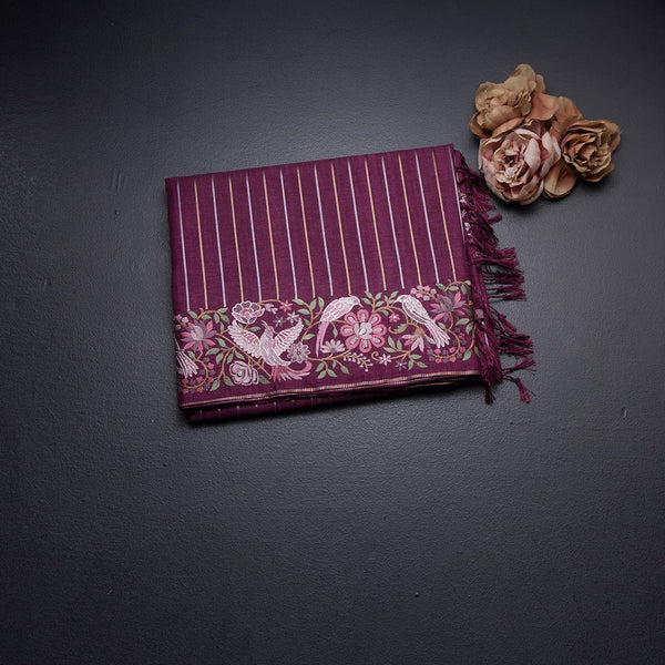 Raw Silk Maroon Zari Stripes Saree And Thread Border