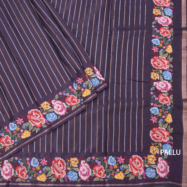 Raw Silk Dark Purple Zari Stripes Saree And Thread Border