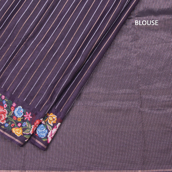 Raw Silk Dark Purple Zari Stripes Saree And Thread Border