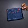 Raw Silk Navy Blue Thread Work Saree And Zari Checked Border