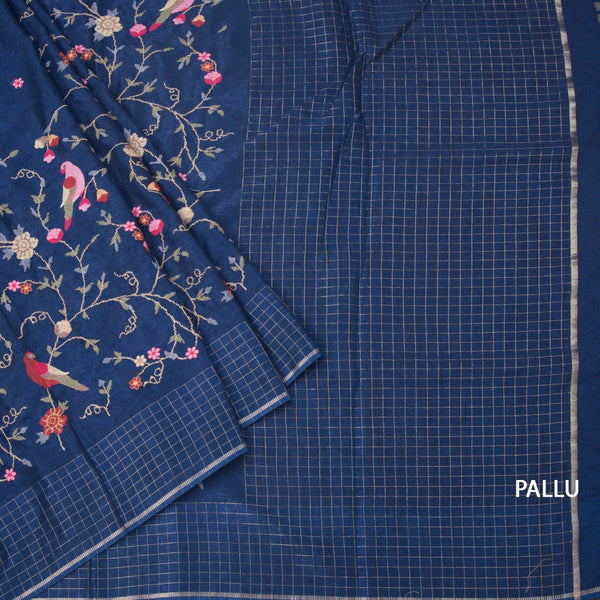 Raw Silk Navy Blue Thread Work Saree And Zari Checked Border