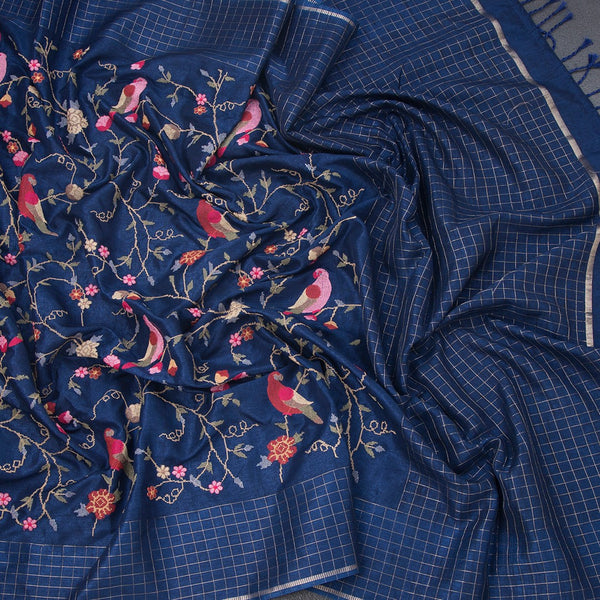 Raw Silk Navy Blue Thread Work Saree And Zari Checked Border