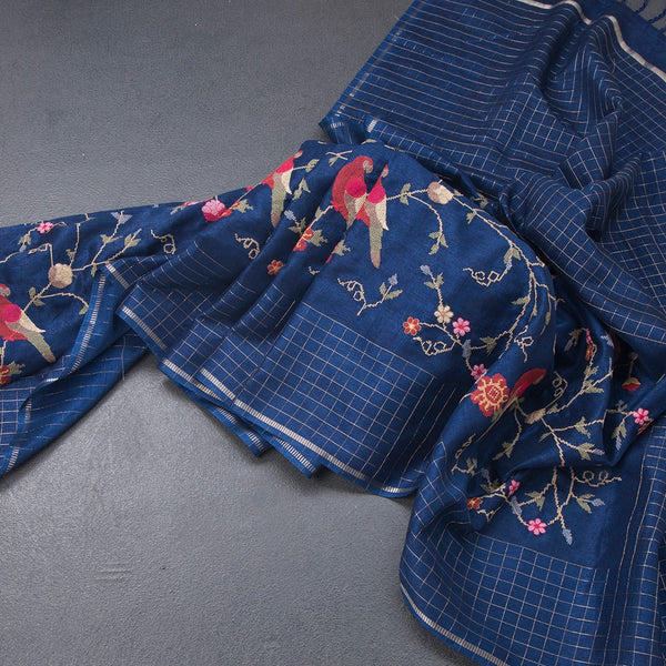 Raw Silk Navy Blue Thread Work Saree And Zari Checked Border