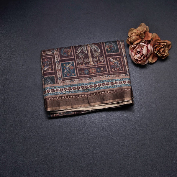 Raw Silk Brown Printed Saree