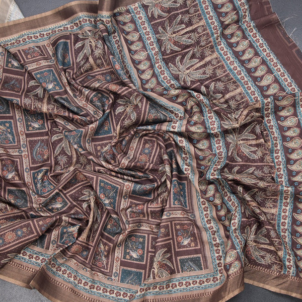 Raw Silk Brown Printed Saree