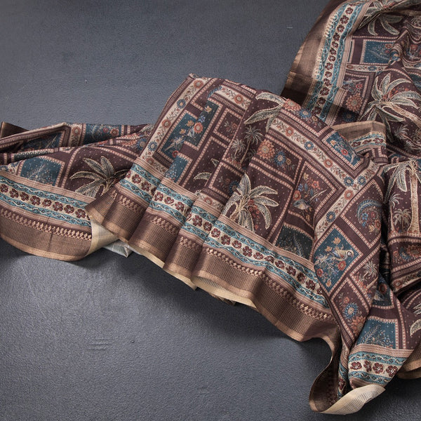 Raw Silk Brown Printed Saree