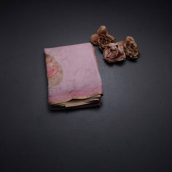 Semi Linen Light Pink Leaf Printed Saree