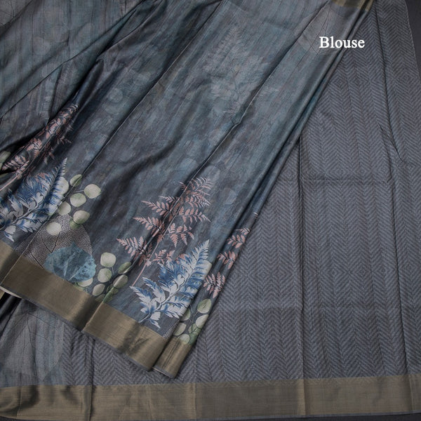 Semi Raw Silk Grey Leaf Printed Saree 06