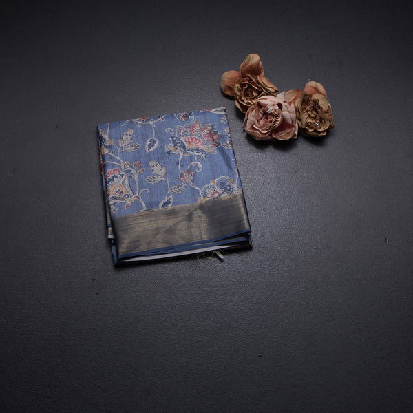 Semi Raw Silk Pigeon Blue Floral Printed Saree