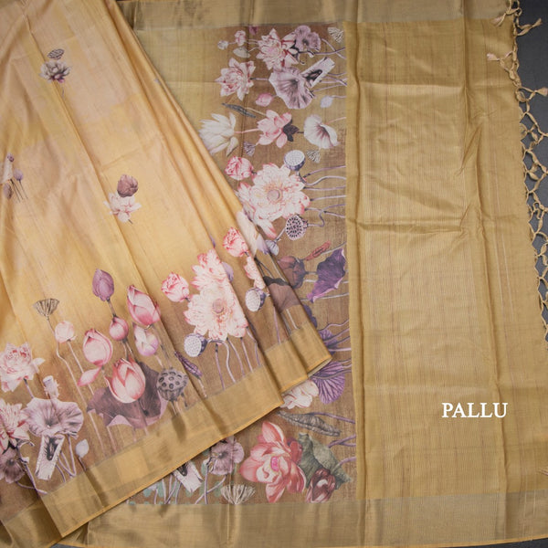 Semi Raw Silk Golden Yellow Floral Printed Saree