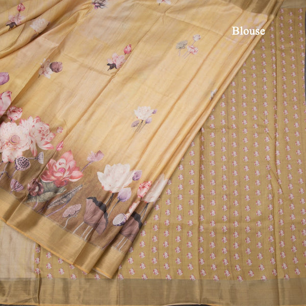 Semi Raw Silk Golden Yellow Floral Printed Saree