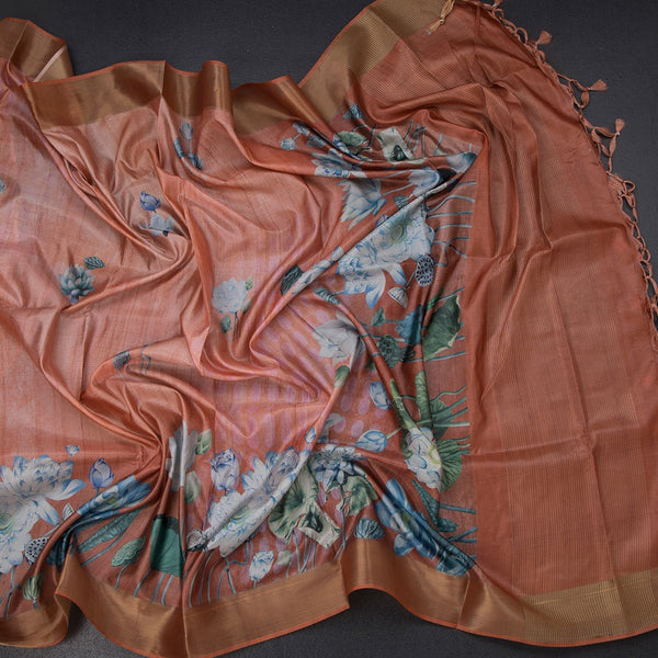 Semi Raw Silk Tangerine Orange Floral Printed Saree