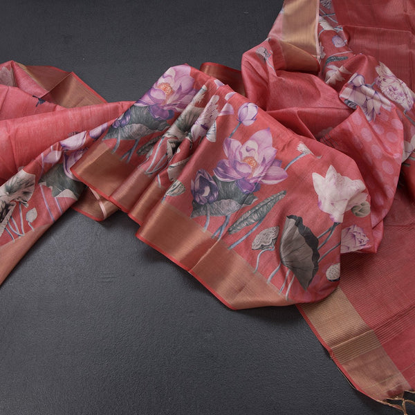 Semi Raw Silk Reddish Pink Floral Printed Saree