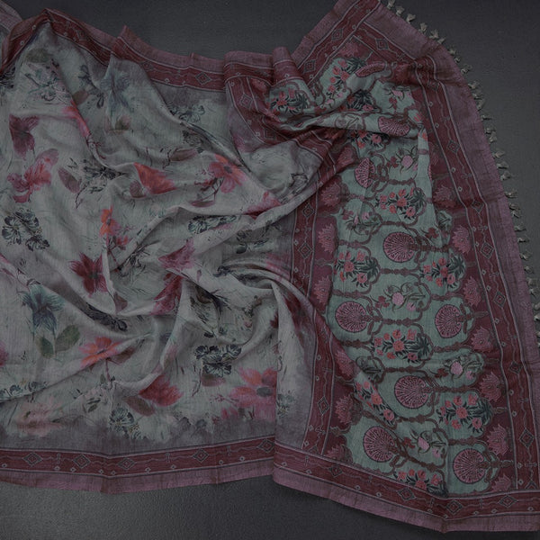 Semi Linen Grey Floral Printed Saree 06