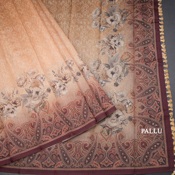 Semi Linen Light Yellow Floral Printed Saree With Paisley Design