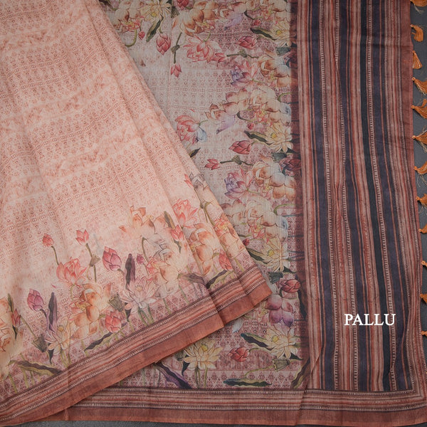 Semi Linen Light Peach Floral Printed Saree