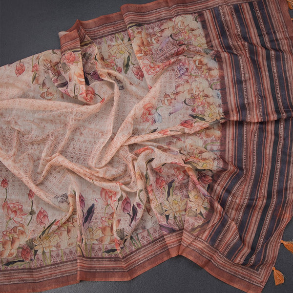 Semi Linen Light Peach Floral Printed Saree