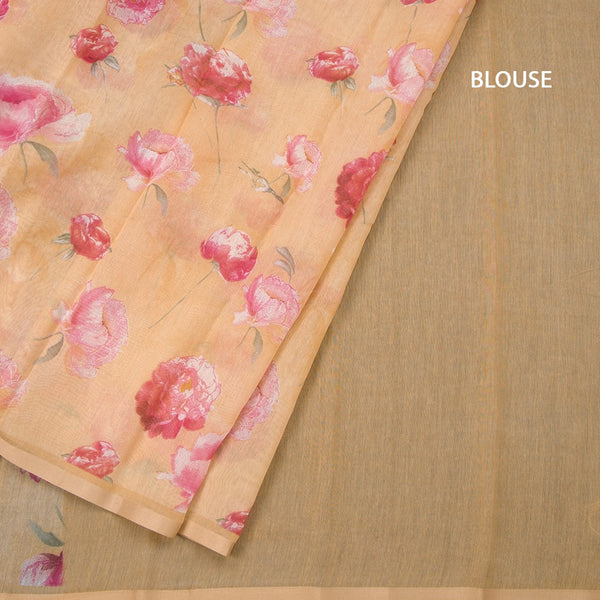 Semi Linen Creamy Yellow Floral Printed Saree