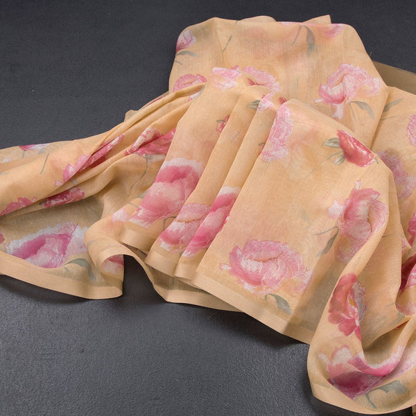 Semi Linen Creamy Yellow Floral Printed Saree