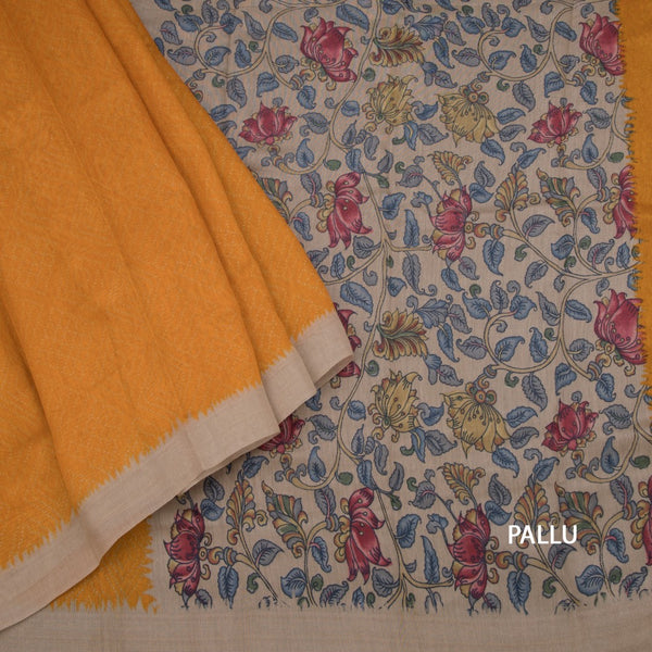Semi Linen Mango Yellow Printed Saree 02
