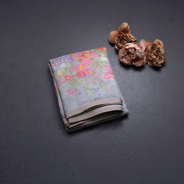 Semi Linen Light Grey Floral Printed Saree