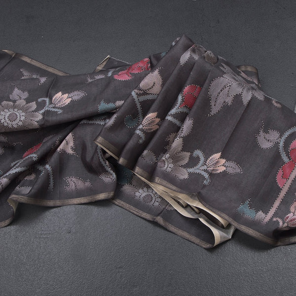 Semi Raw Silk Dark Grey Printed Saree With Floral Creeper Design