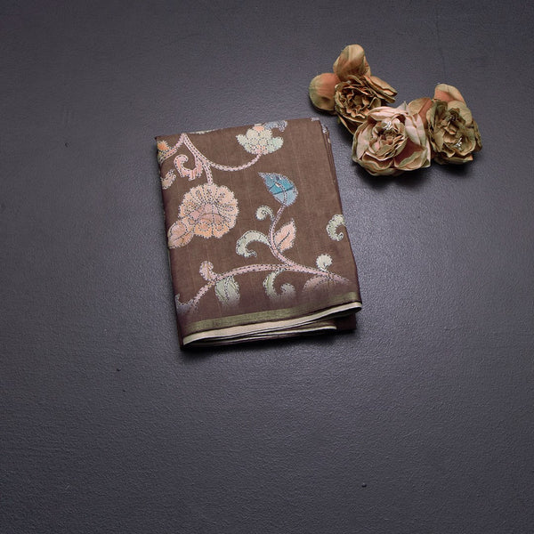 Semi Raw Silk Brown Printed Saree With Floral Creeper Design