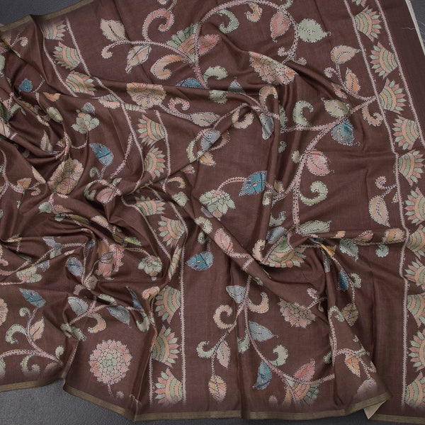 Semi Raw Silk Brown Printed Saree With Floral Creeper Design
