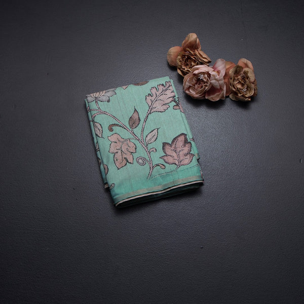 Semi Raw Silk Mint Green Printed Saree With Floral Creeper Design