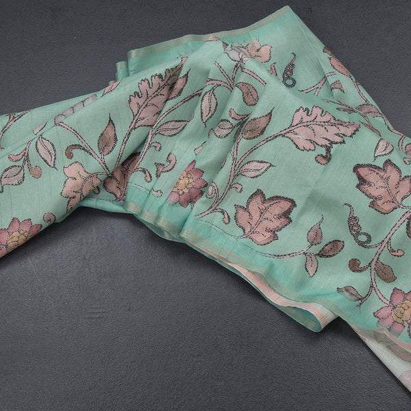 Semi Raw Silk Mint Green Printed Saree With Floral Creeper Design