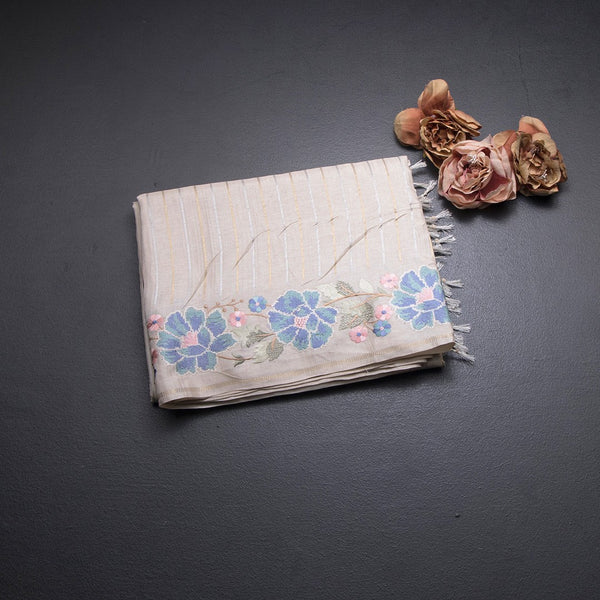 Raw Silk Cream Saree With Zari Stripes And Thread Border 02