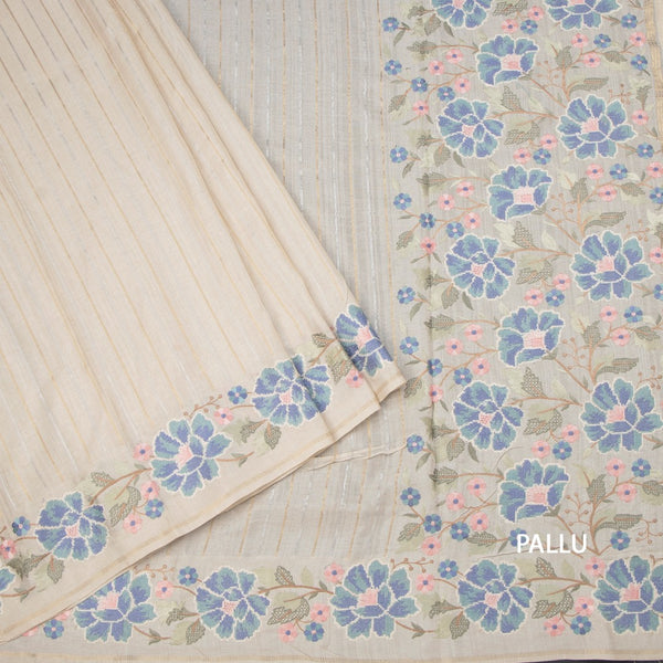 Raw Silk Cream Saree With Zari Stripes And Thread Border 02