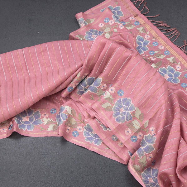 Raw Silk Pink Saree With Zari Stripes And Thread Border