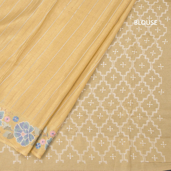 Raw Silk Pastel Yellow Saree With Zari Stripes And Thread Border